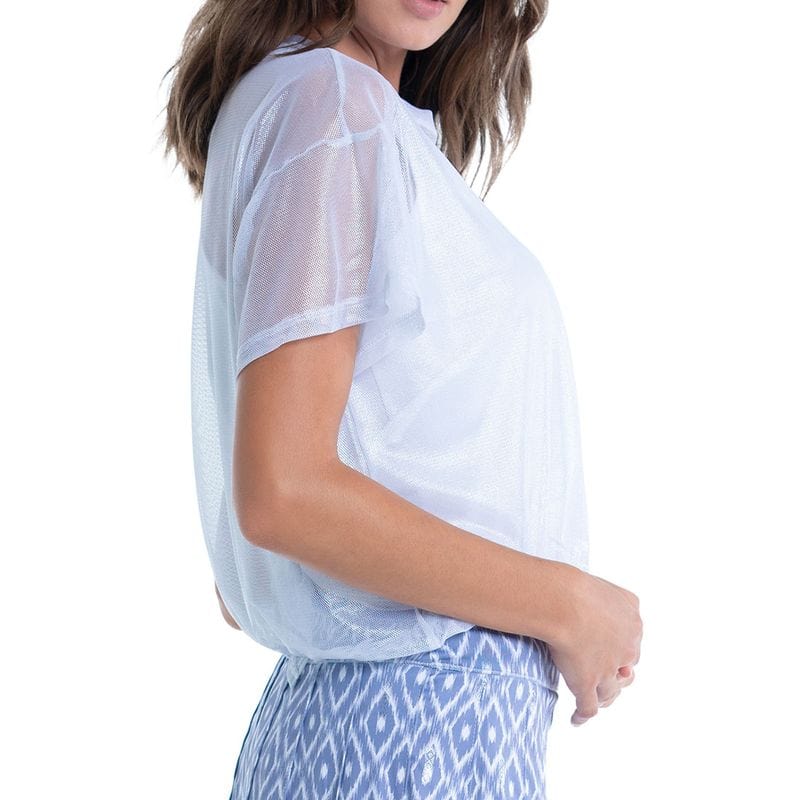 Women's Lucky in Love Ikat Pearlized Mesh Short Sleeve Top Women's Clothing 